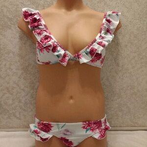 Kohl's White and Pink Floral Ruffle Bikini